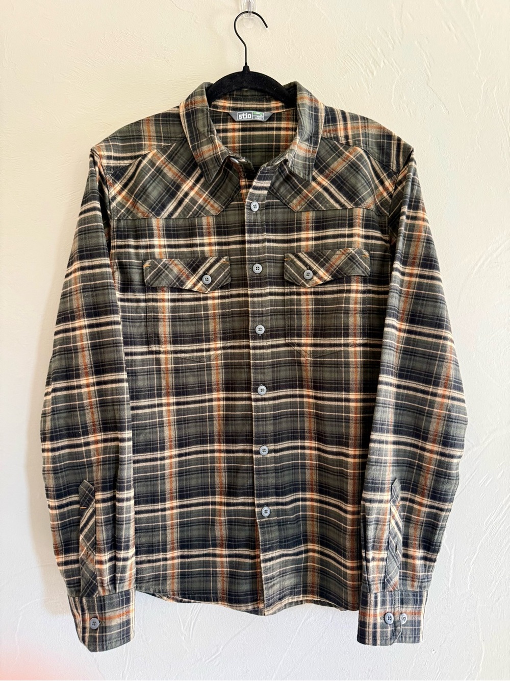 Stio Men’s Junction Midweight Plaid Flannel Shirt M Olive Orange Western Outdoor